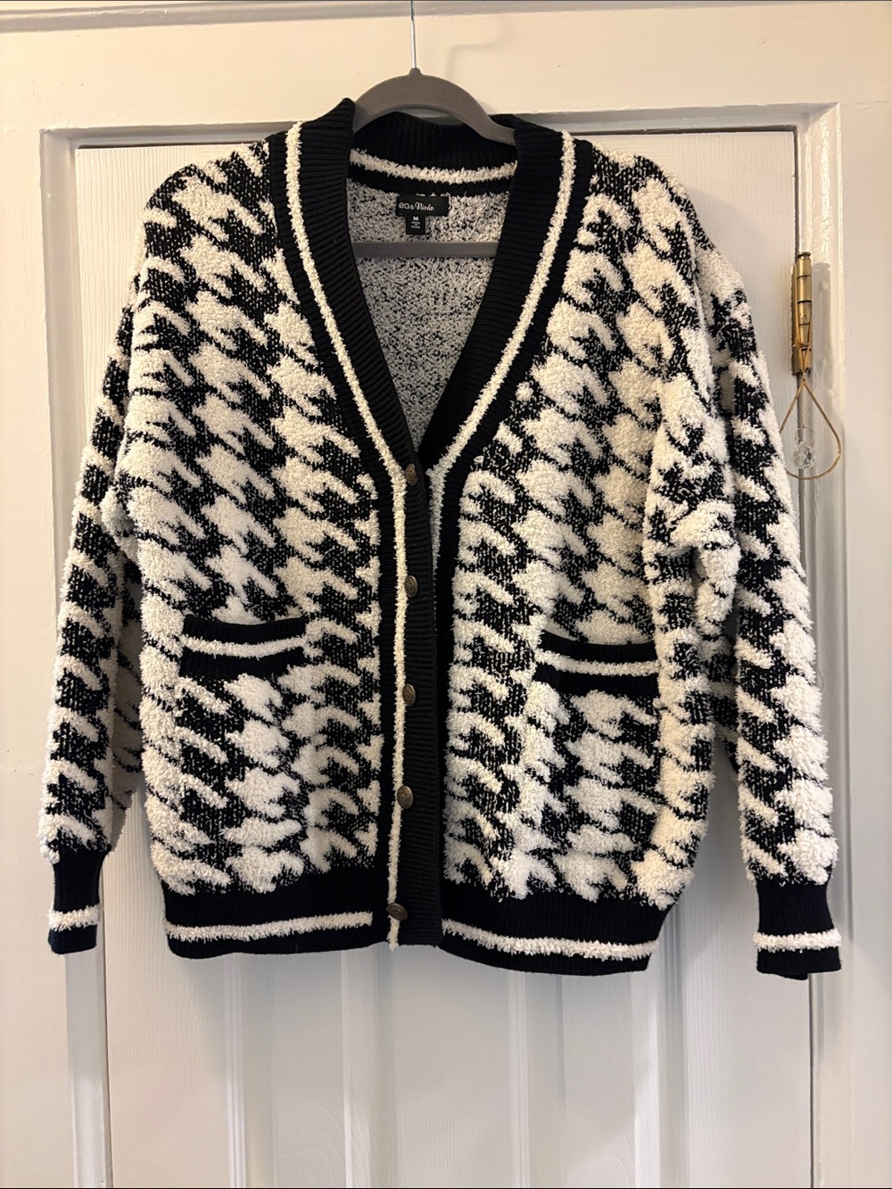 Lea & Viola Black and White Houndstooth Cardigan Sweater